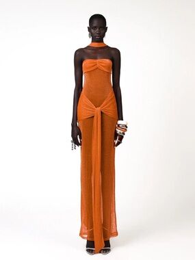 Khanum’s Strapless Orange Mesh Maxi Dress